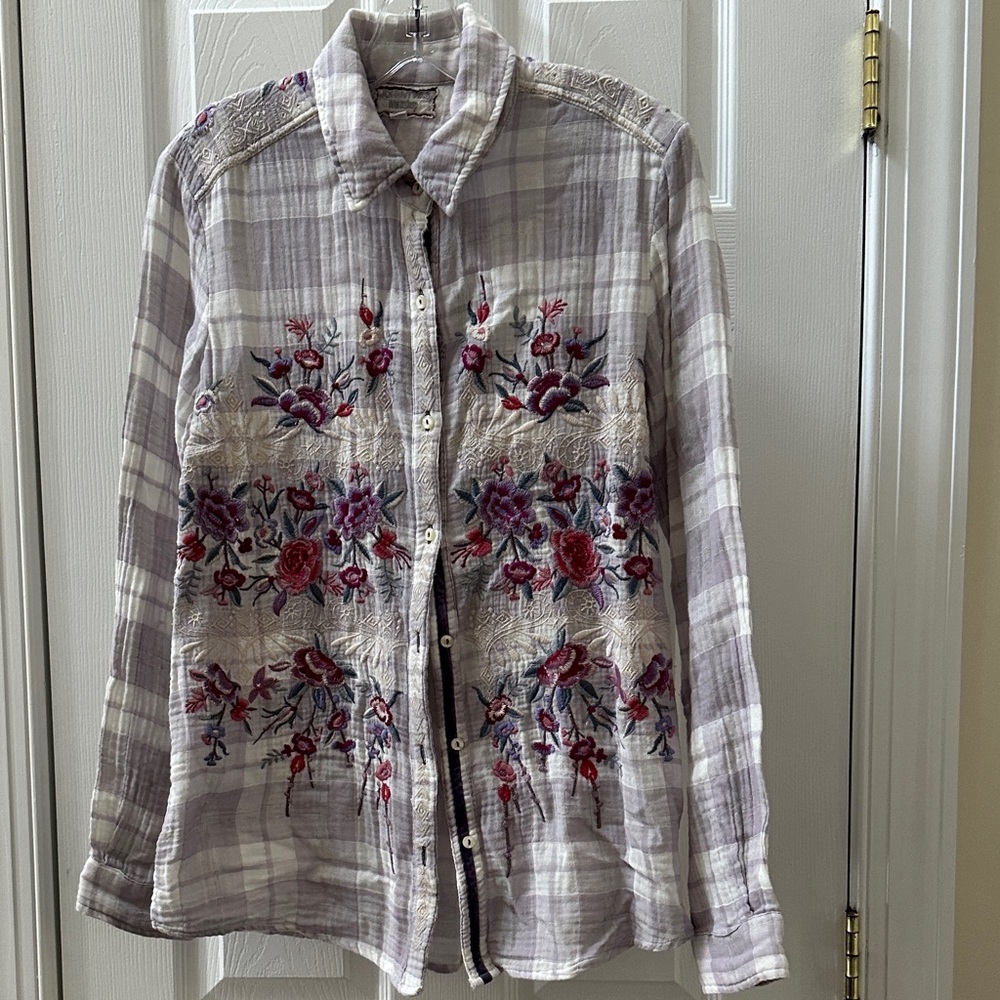Johnny Was Purple Plaid Embroidered Blouse